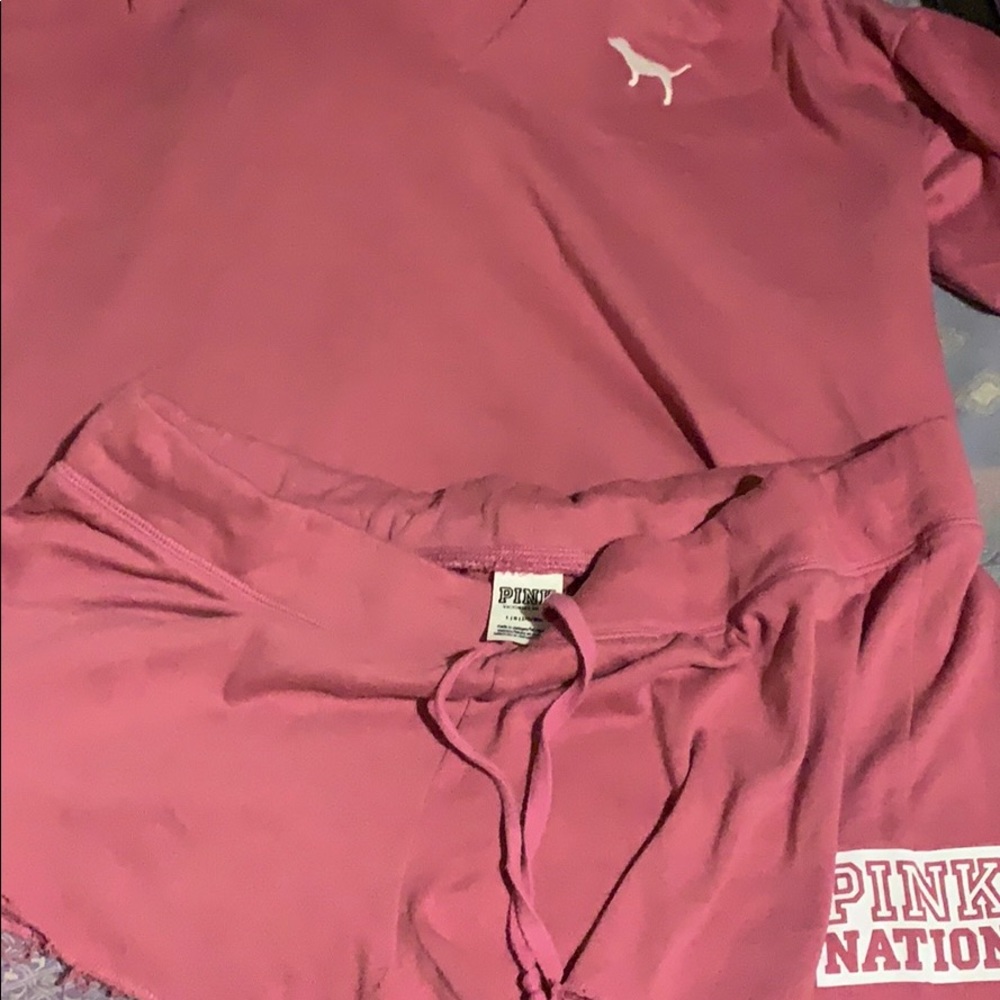 Two piece Pink nation shorts and hoodie